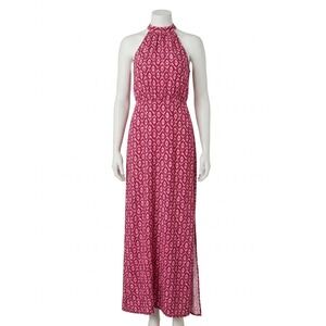 Pink Geometric Ikat Halter Maxi Dress Sleeveless‎ Side Slit Tie Back Gown